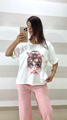 Felpina Charity Leggera con Stampa Girl Occhiali Strassini