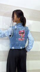 Gilet Jeans Fanny con Stampa Bocca 3D