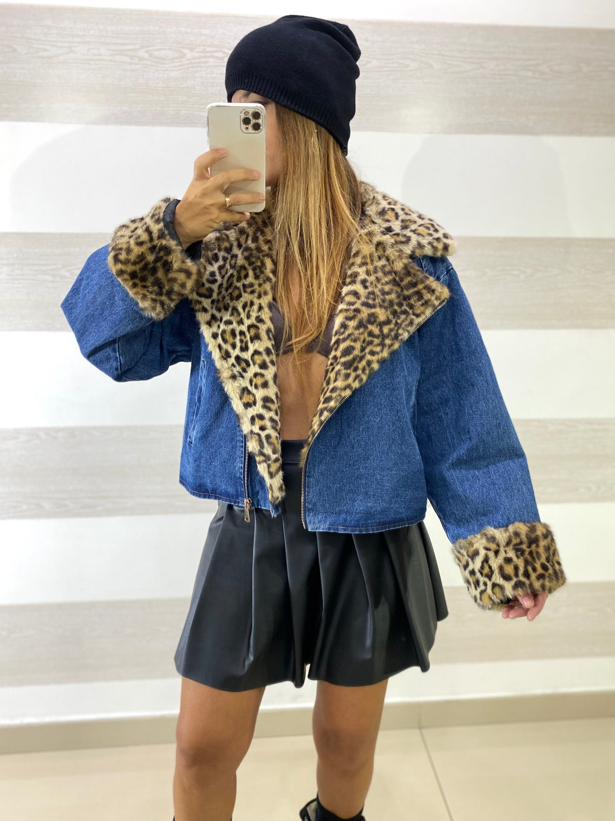 Giubbino Alesha Jeans Imbottito con Pelliccia Maculata