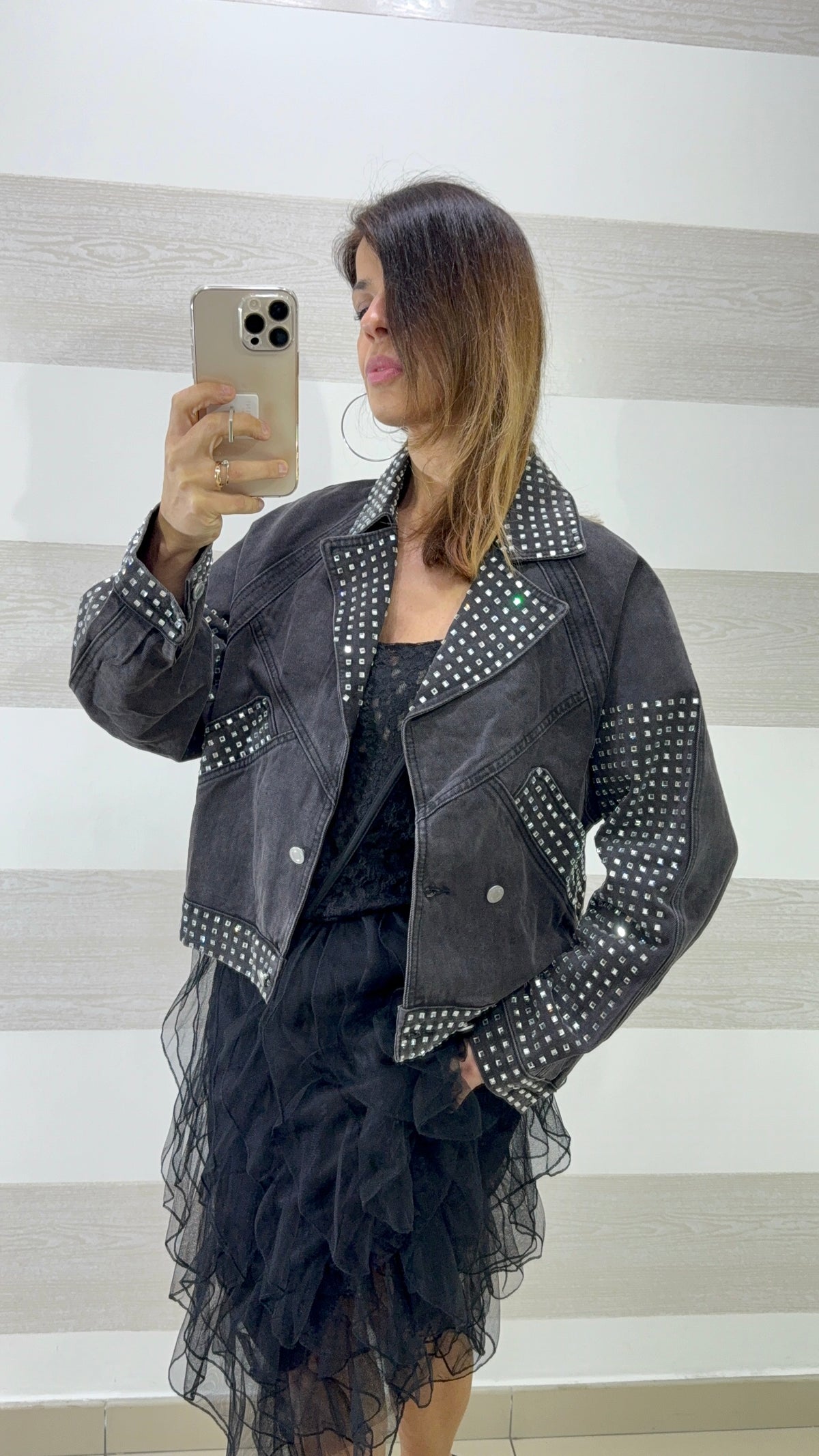 Giubbino Chiodo Jeans Polly con Strass