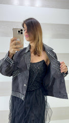 Giubbino Chiodo Jeans Polly con Strass