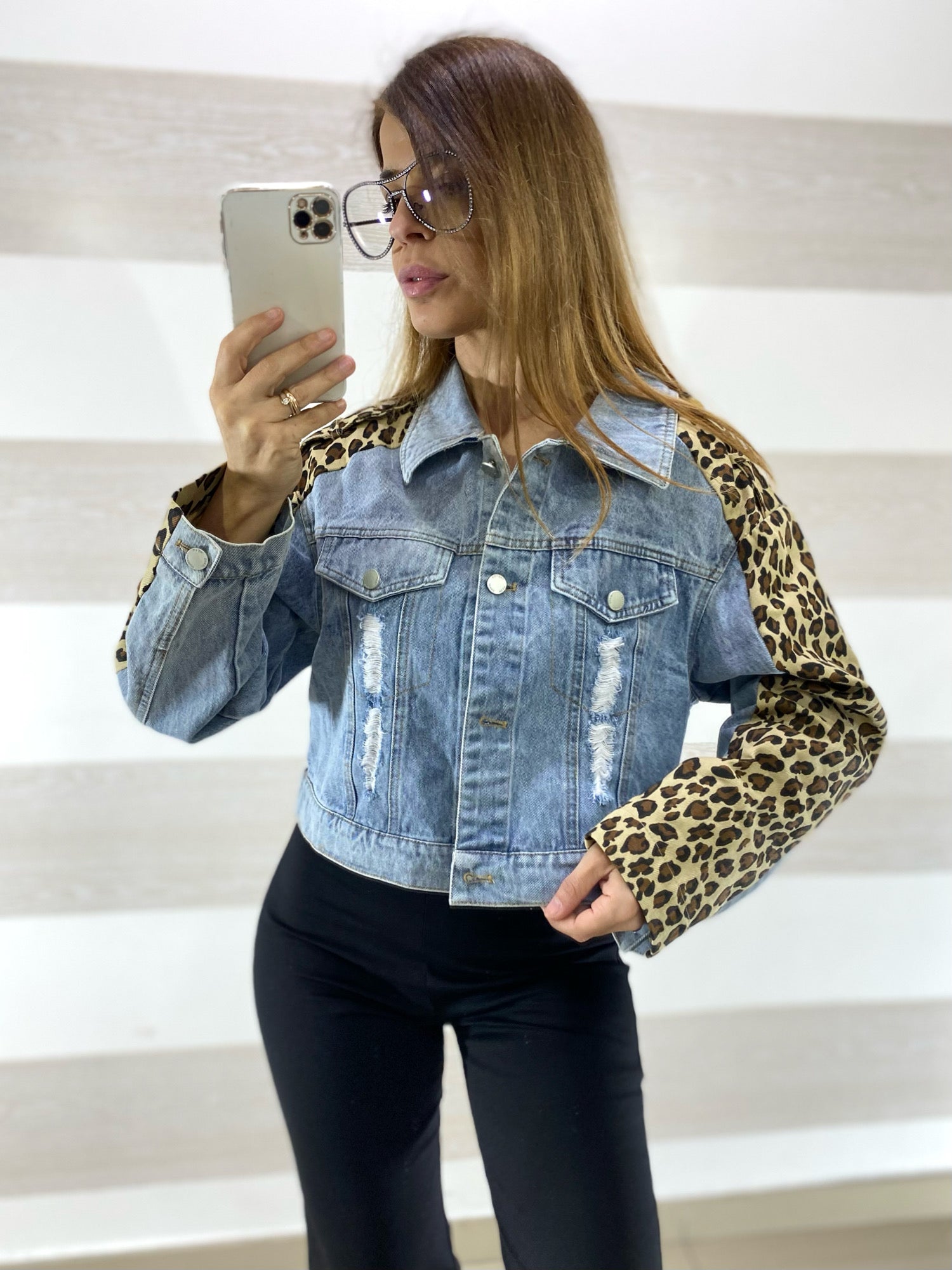 Giubbino Karin Jeans con Bande Animalier sulle Maniche