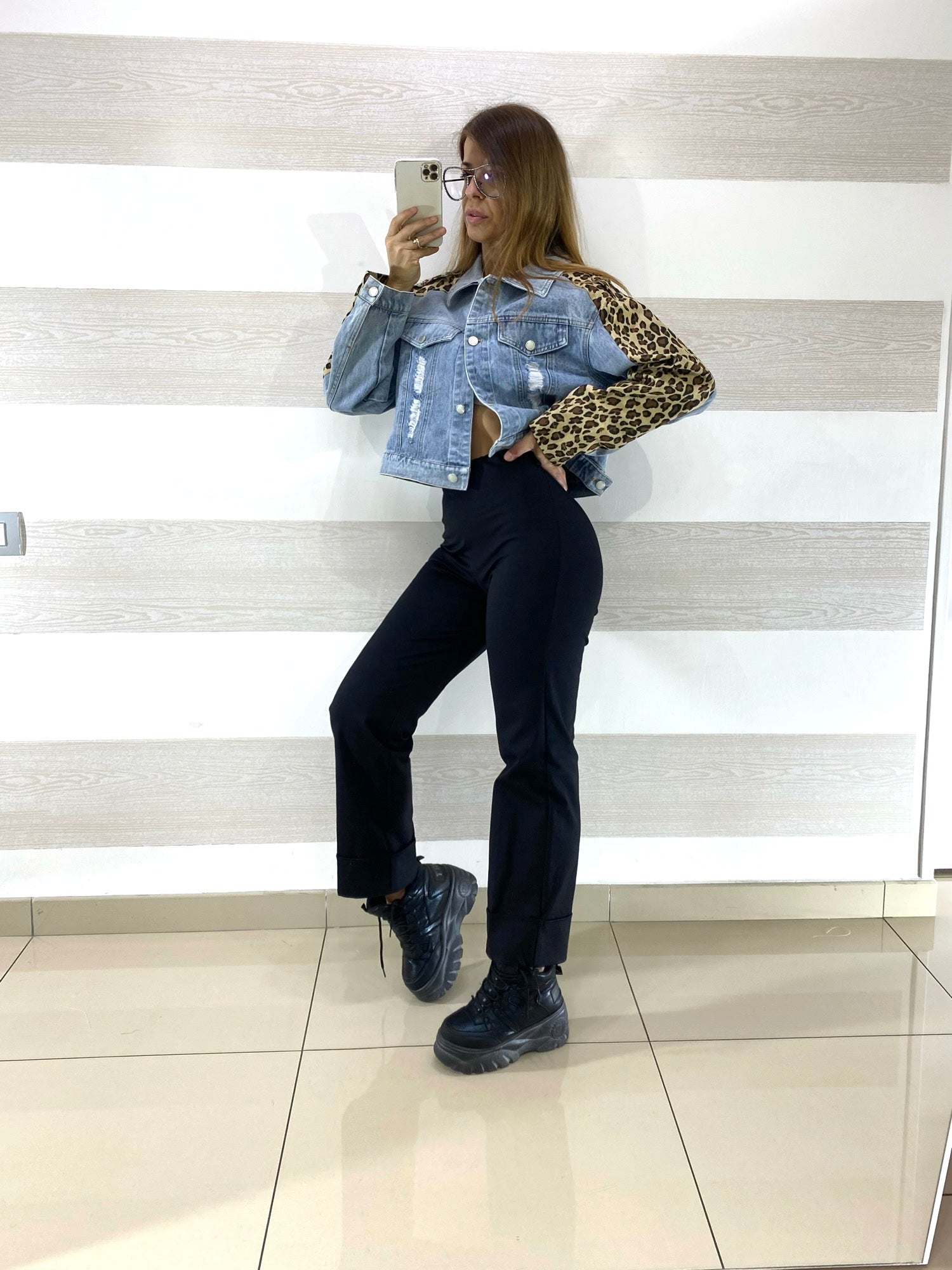 Giubbino Karin Jeans con Bande Animalier sulle Maniche