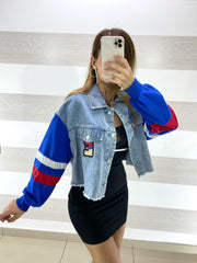 Giubbino Livia Jeans con Maniche in Tessuto Blu