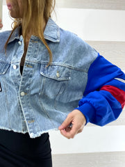 Giubbino Livia Jeans con Maniche in Tessuto Blu