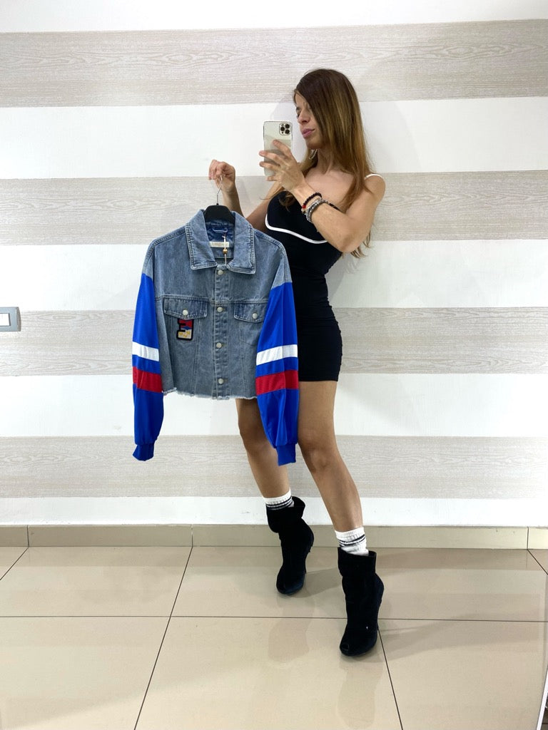 Giubbino Livia Jeans con Maniche in Tessuto Blu