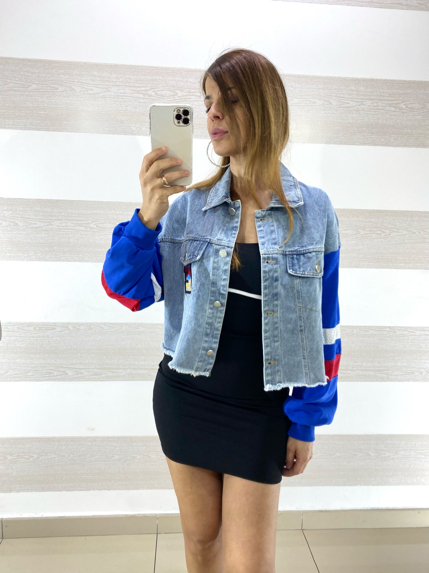 Giubbino Livia Jeans con Maniche in Tessuto Blu