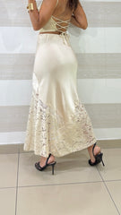 Gonna Clarice Lunga in in Satin e Pizzo con Spacco
