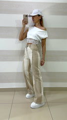Jeans Peony a Palazzo Bicolore Beige Panna