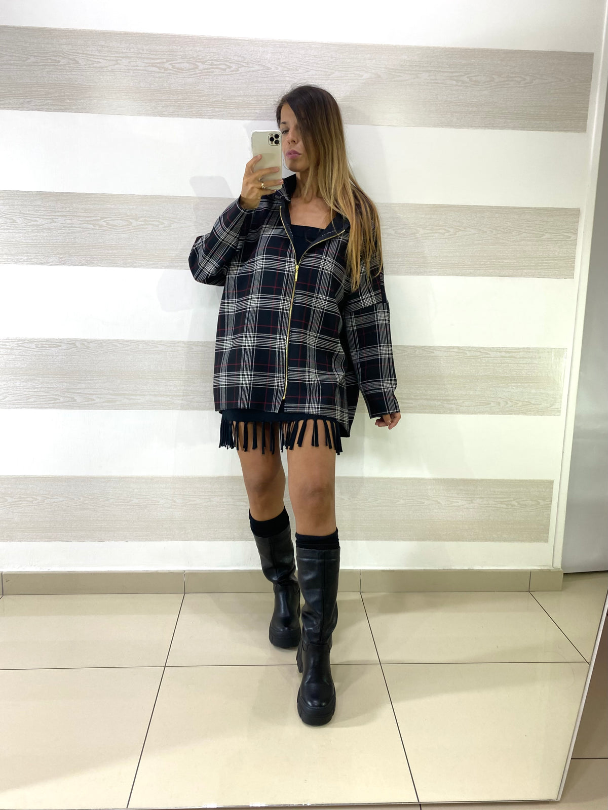 Maxi Felpa Pearl a Quadroni con Zip e Cappuccio