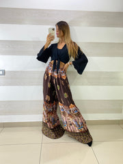 PantaPalazzo Melody Satin Plissettato Fantasia Palme