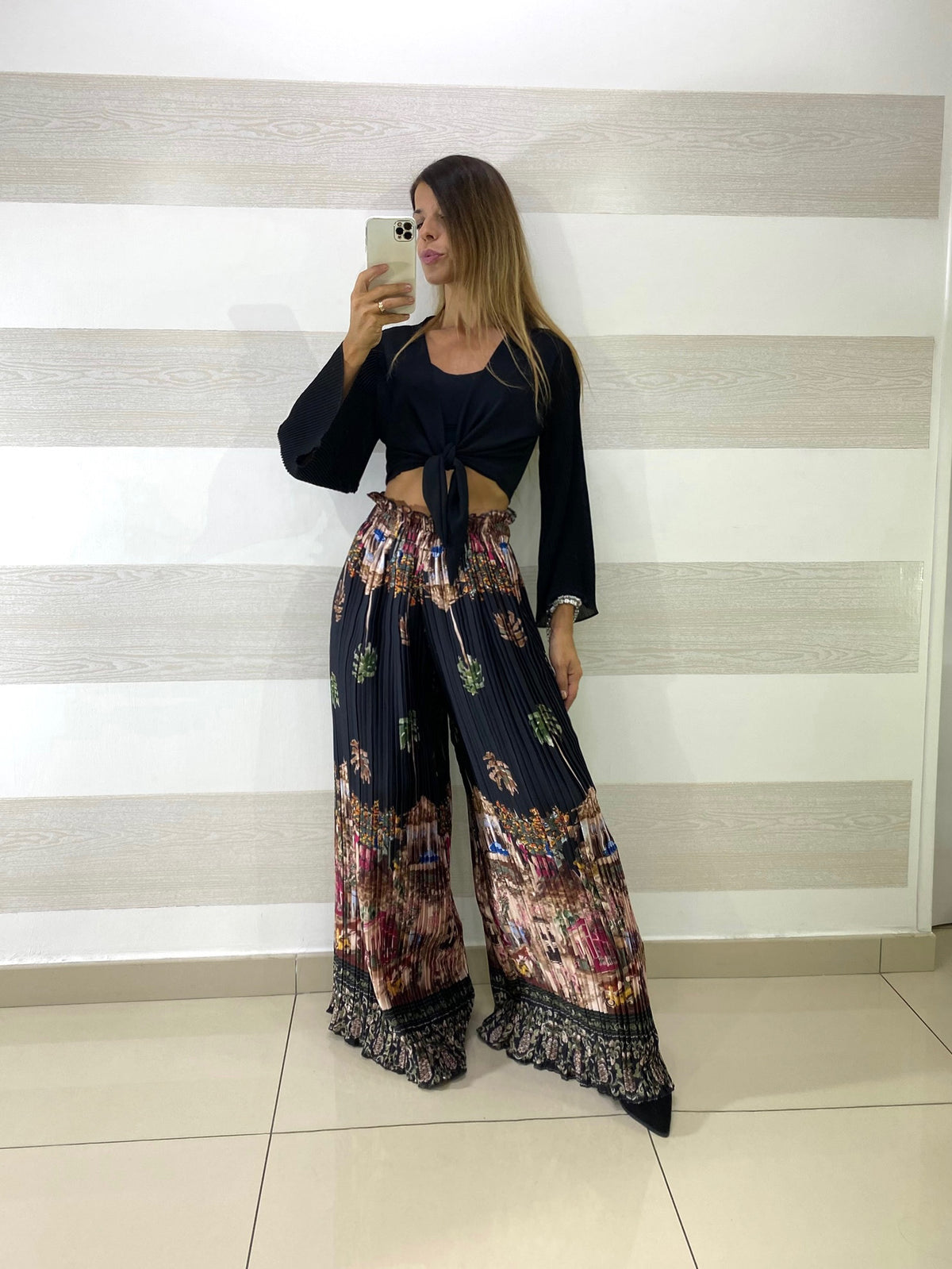 PantaPalazzo Melody Satin Plissettato Fantasia Palme