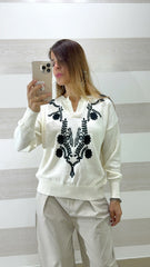Pull Keysha in Filo con Ricami e Scollo a V