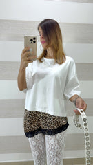 Shirt Mamie Asimmetrica Leopardata con Pizzo