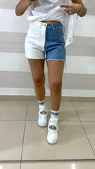 Shorts Jeans Rebby Elasticizzati Bicolore Bianco e Denim