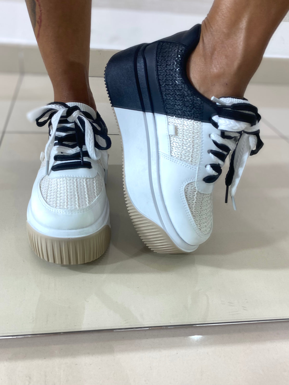 Sneakers Annette Bianche Nere Beige Suola Alta