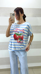 T Shirt Romey Rigata con Stampa Fragole