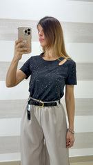 T Shirt Rylee Slavata con Strass e Oblò