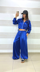 Tuta Coordinato Jacki in Satin PantaPalazzo e Giubbino crop Arricciato