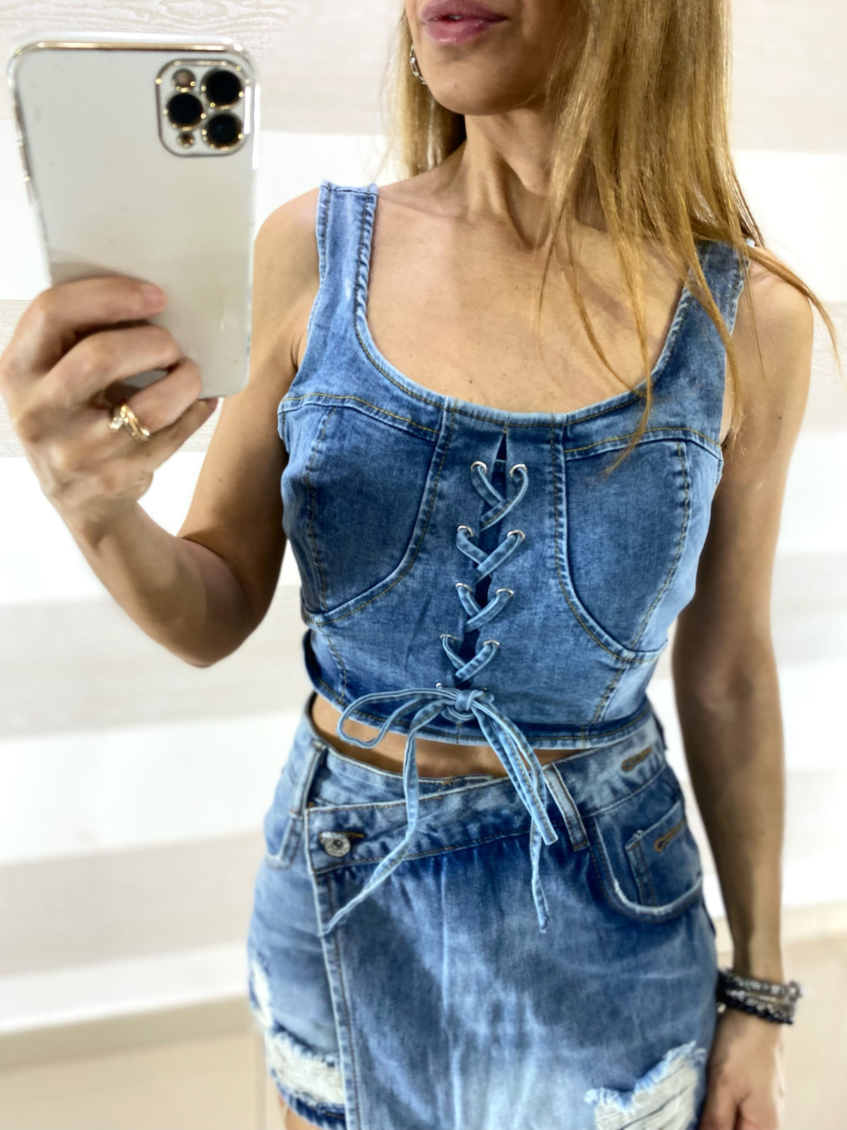 Top Corpetto Jeans Jenisha Elasticizzato con Laccio