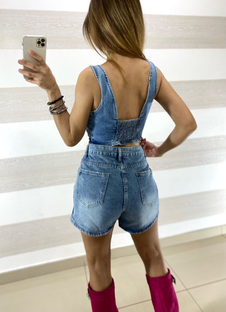 Top Corpetto Jeans Jenisha Elasticizzato con Laccio