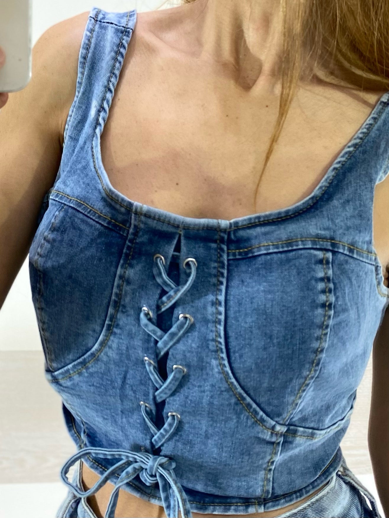 Top Corpetto Jeans Jenisha Elasticizzato con Laccio