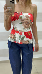 Top Ursula a Fascia con Balza Asimmetrica Flowers