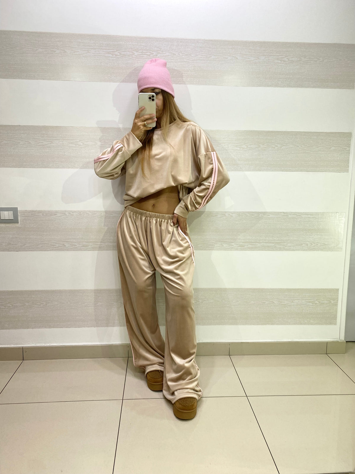 Tuta Callie Vellutino con Bande Laterali Rosa