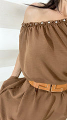 Vestito Brandi Svasato Scollo a Barca con Strass