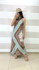 Vestito Charmian Fantasia Etnica Cuoio Turchese Scollo Americana