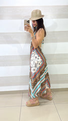 Vestito Charmian Fantasia Etnica Cuoio Turchese Scollo Americana