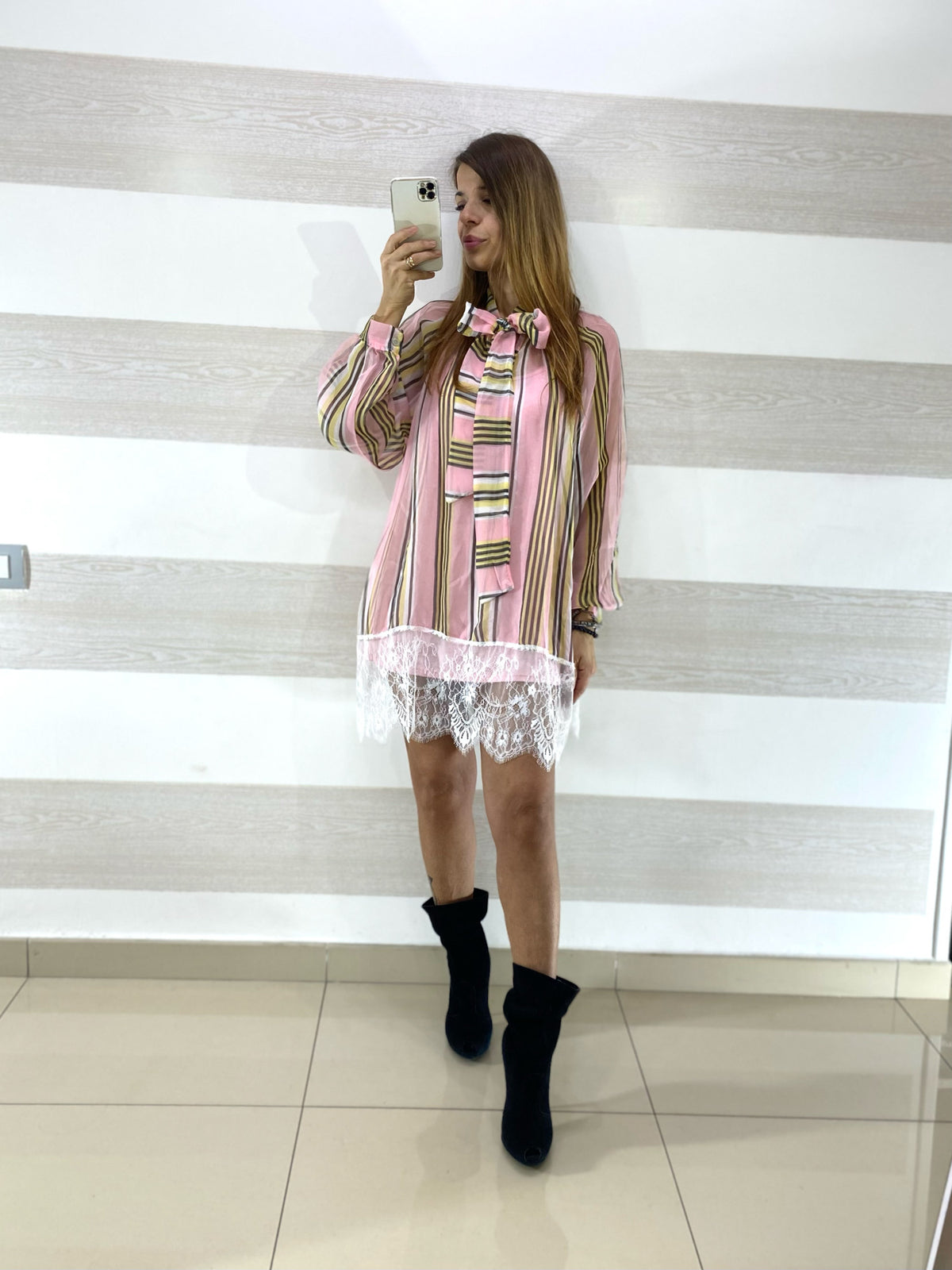 Vestito Cristel Rigato con Fiocco e Pizzo