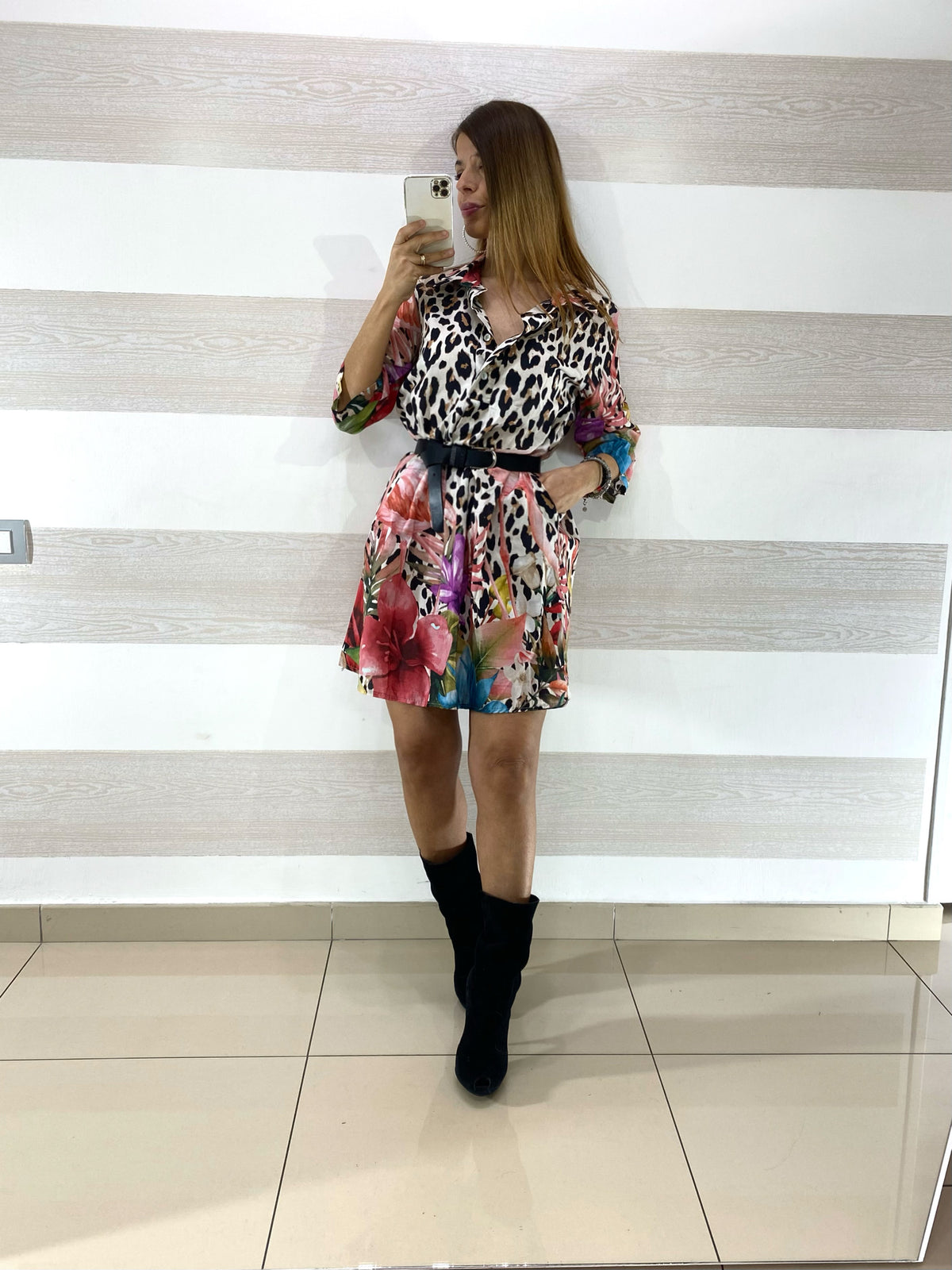 Vestito Fanny Maculato con Fiori e Fenicotteri