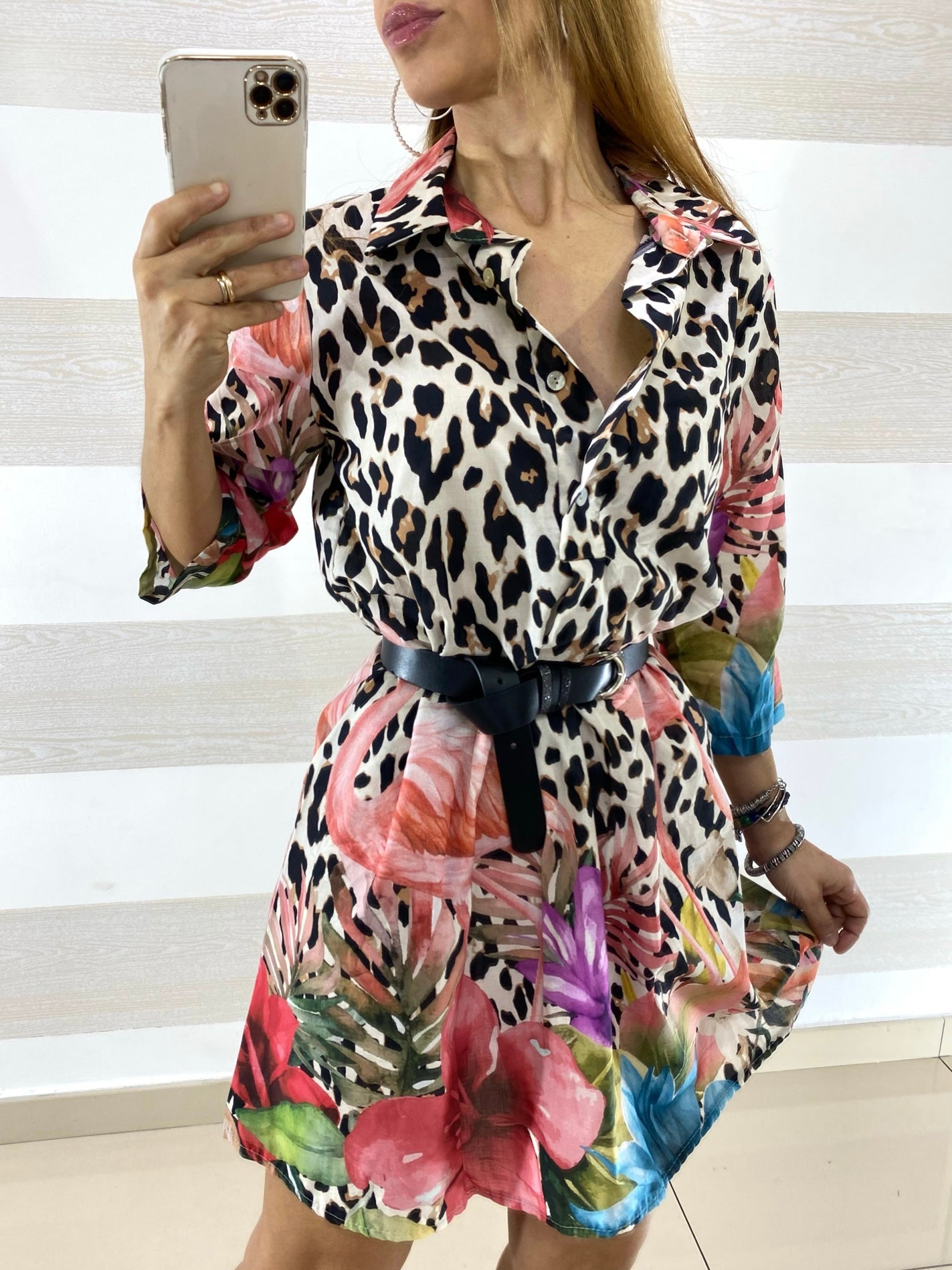 Vestito Fanny Maculato con Fiori e Fenicotteri