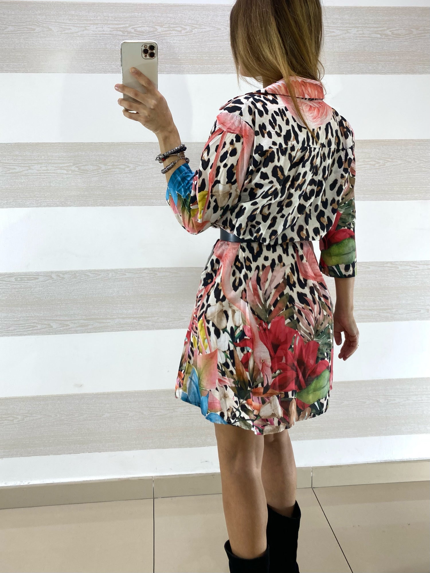 Vestito Fanny Maculato con Fiori e Fenicotteri