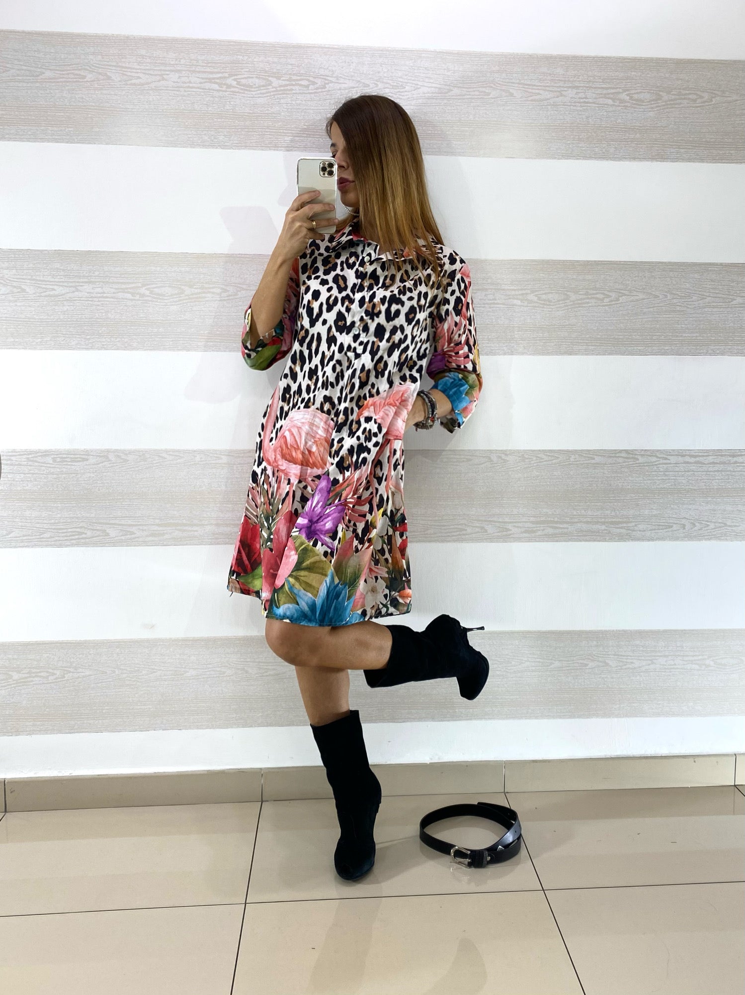 Vestito Fanny Maculato con Fiori e Fenicotteri