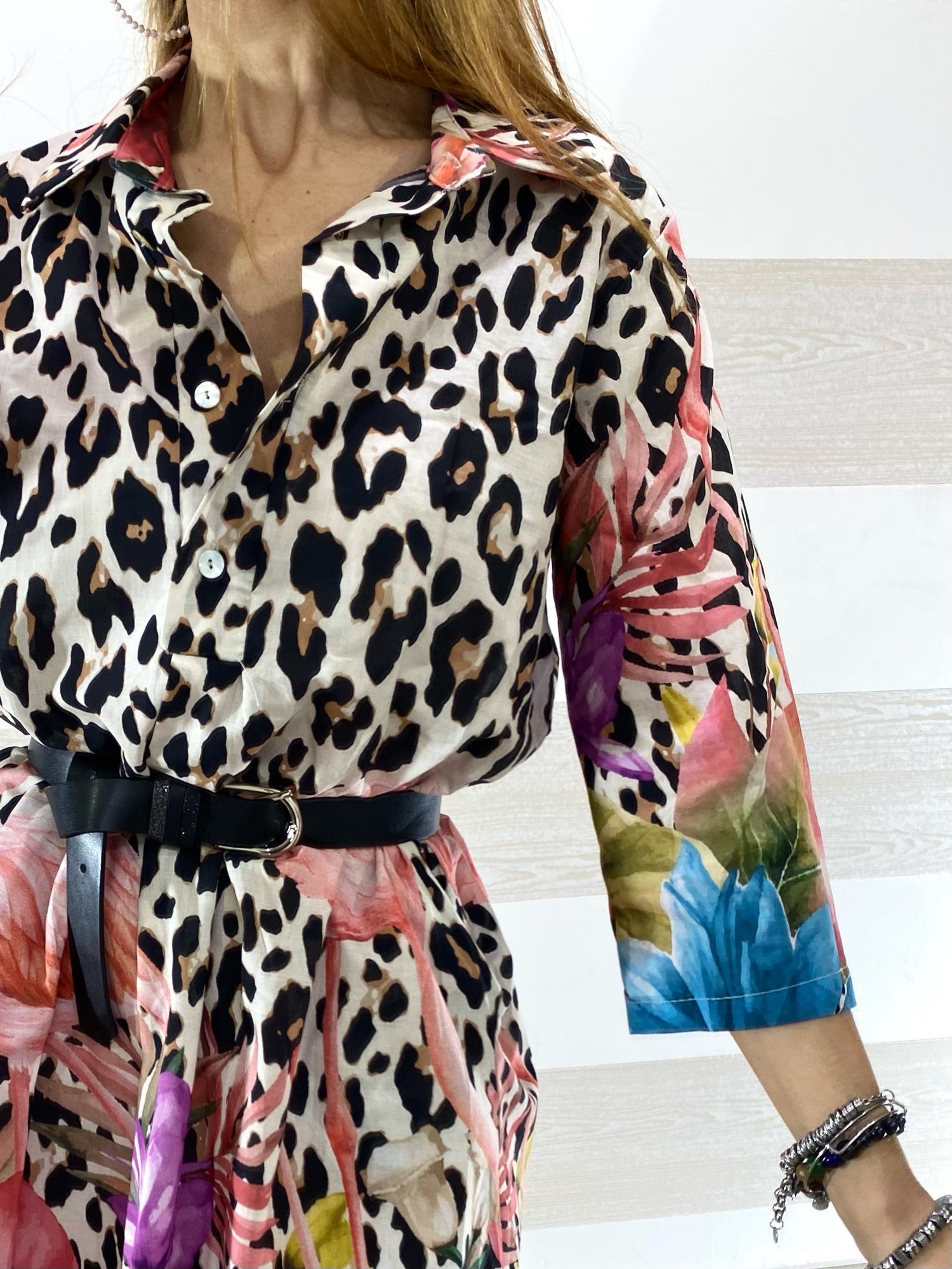 Vestito Fanny Maculato con Fiori e Fenicotteri
