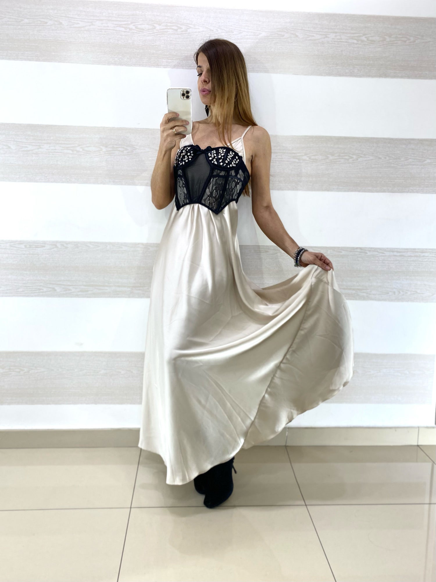 Vestito Flavia Satin Lungo Bretelline