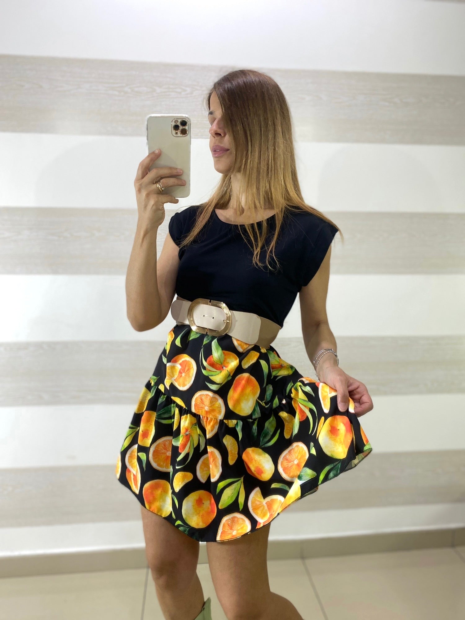 Vestito Fruit Svasato con Cinturino Incluso