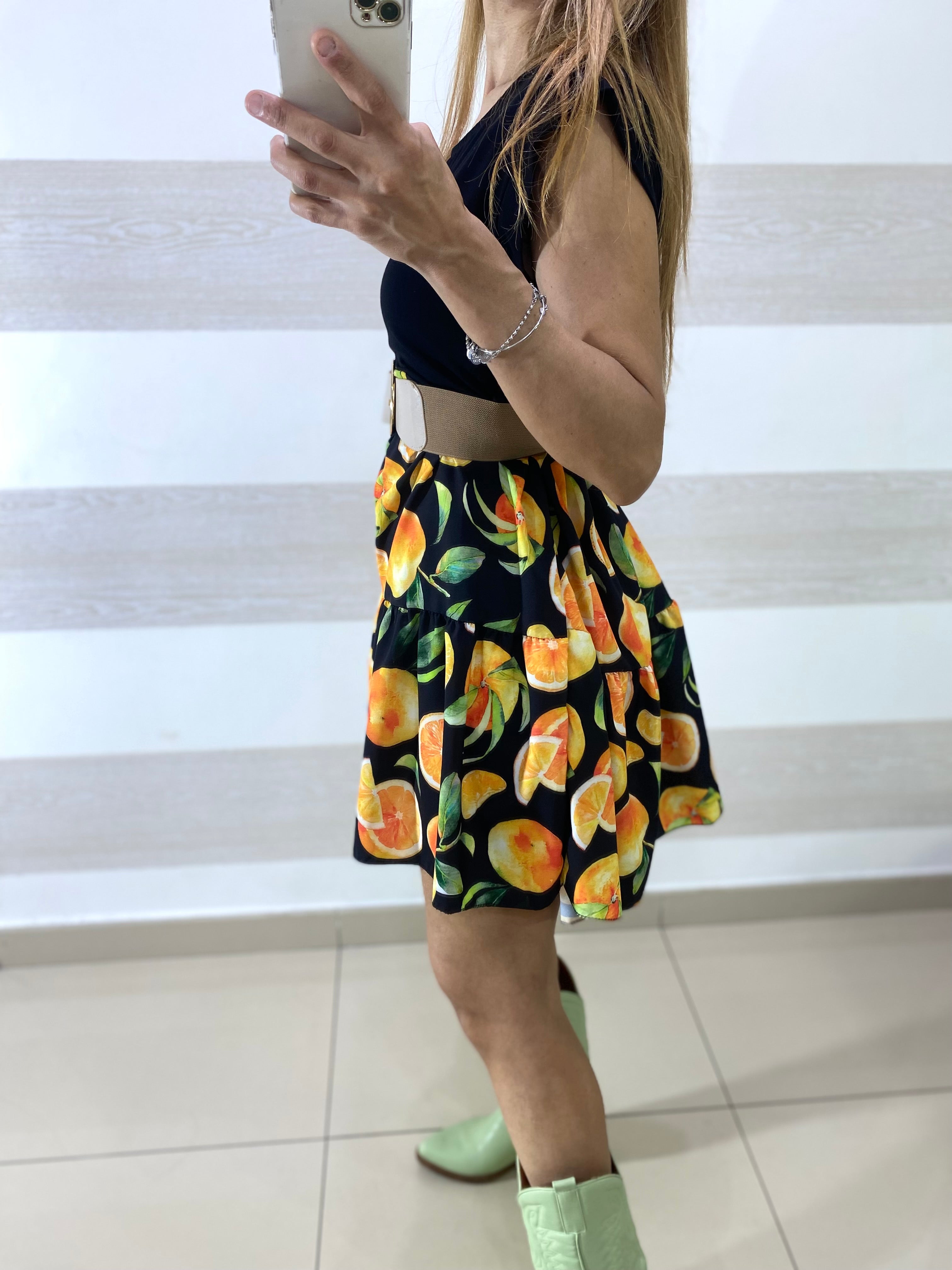 Vestito Fruit Svasato con Cinturino Incluso
