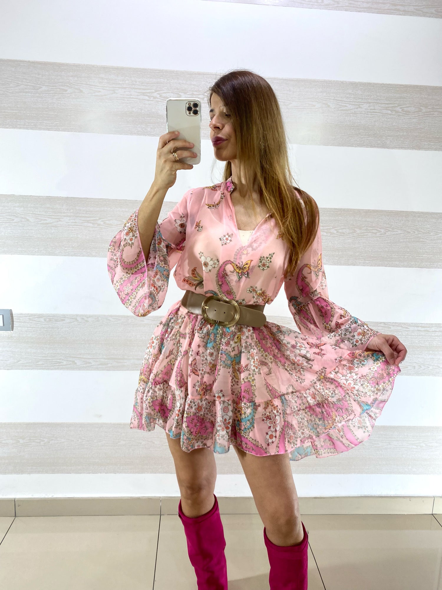 Vestito Iside Tipo Chiffon Fiori e Farfalle