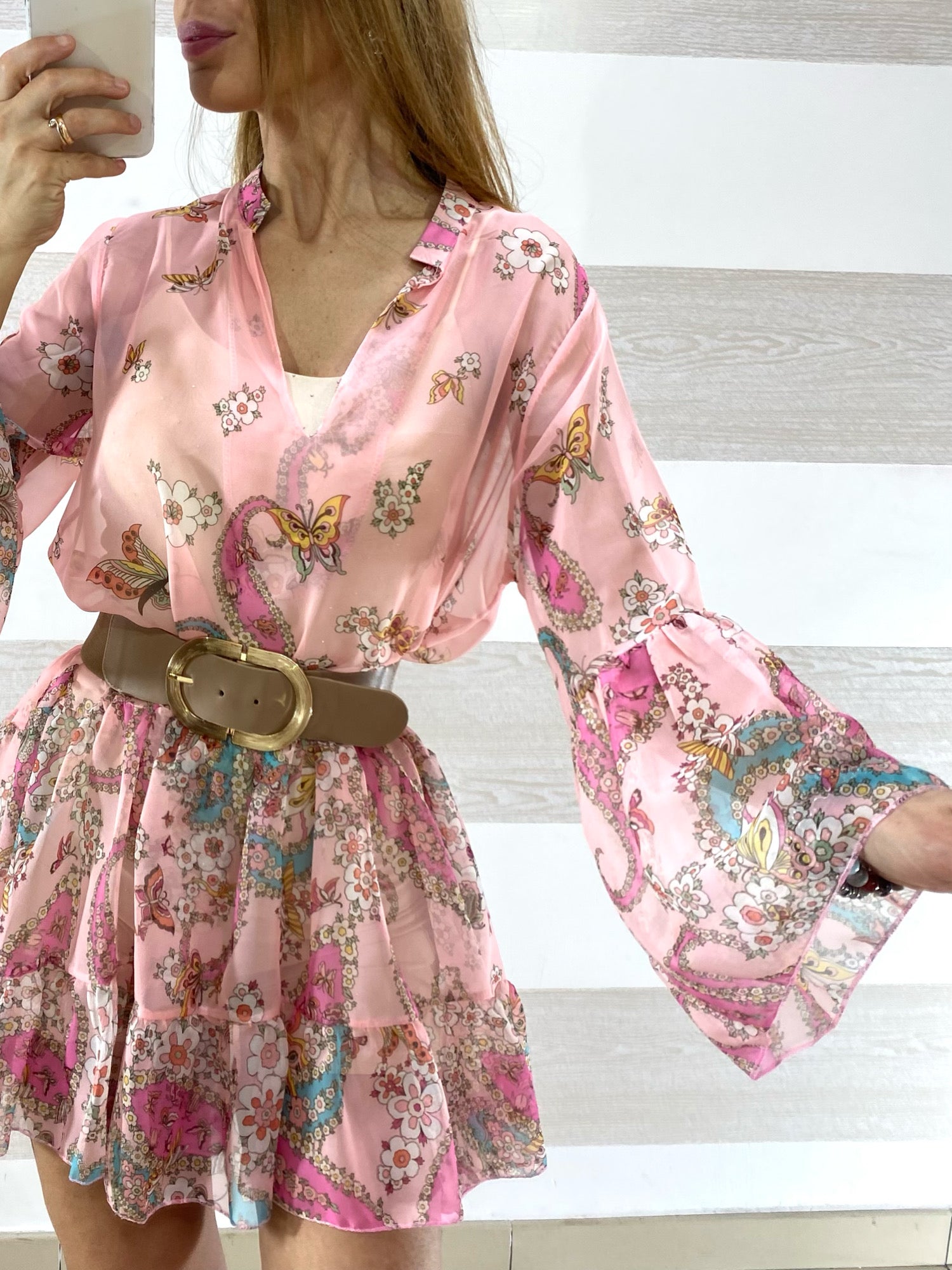 Vestito Iside Tipo Chiffon Fiori e Farfalle