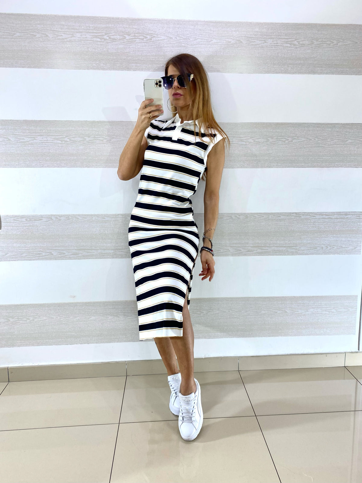 Vestito Jillian a Righe Nere e Beige con Colletto
