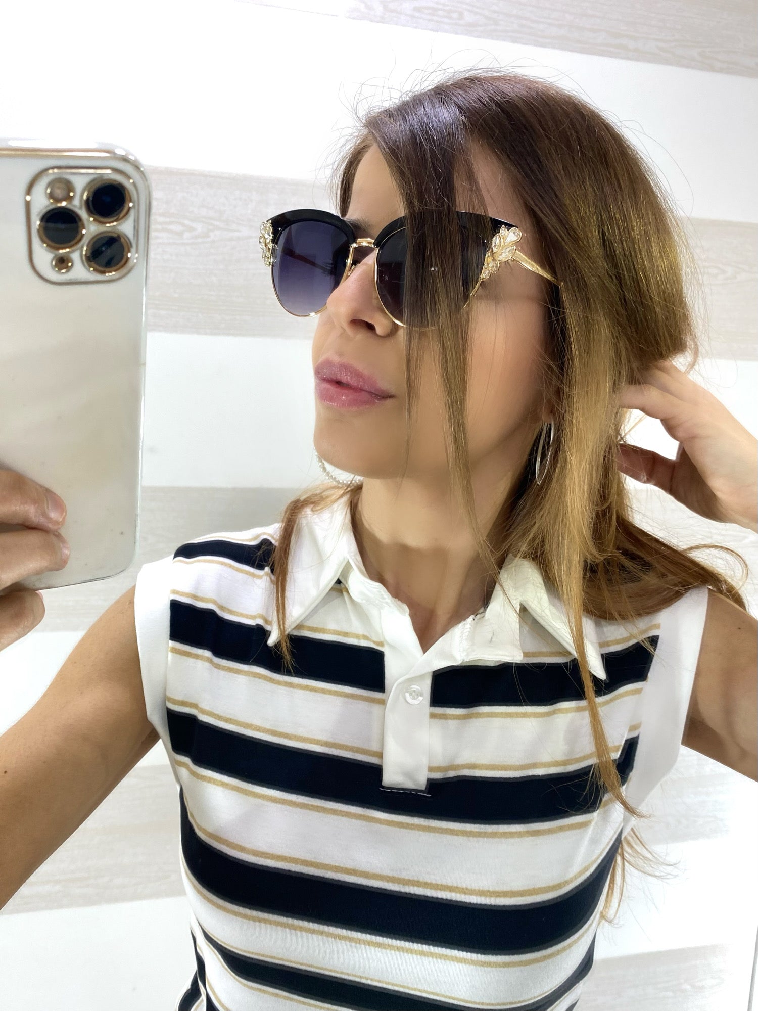 Vestito Jillian a Righe Nere e Beige con Colletto