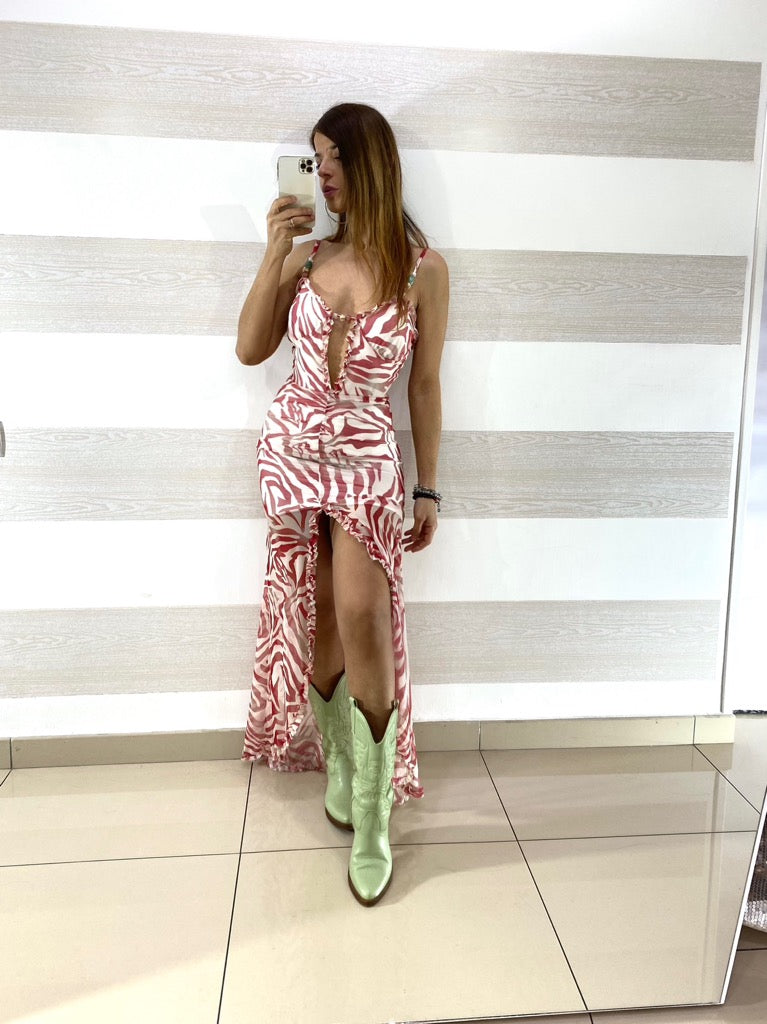 Vestito Lucilla in Tulle Zebrato con Spacco e Scollatura Profonda