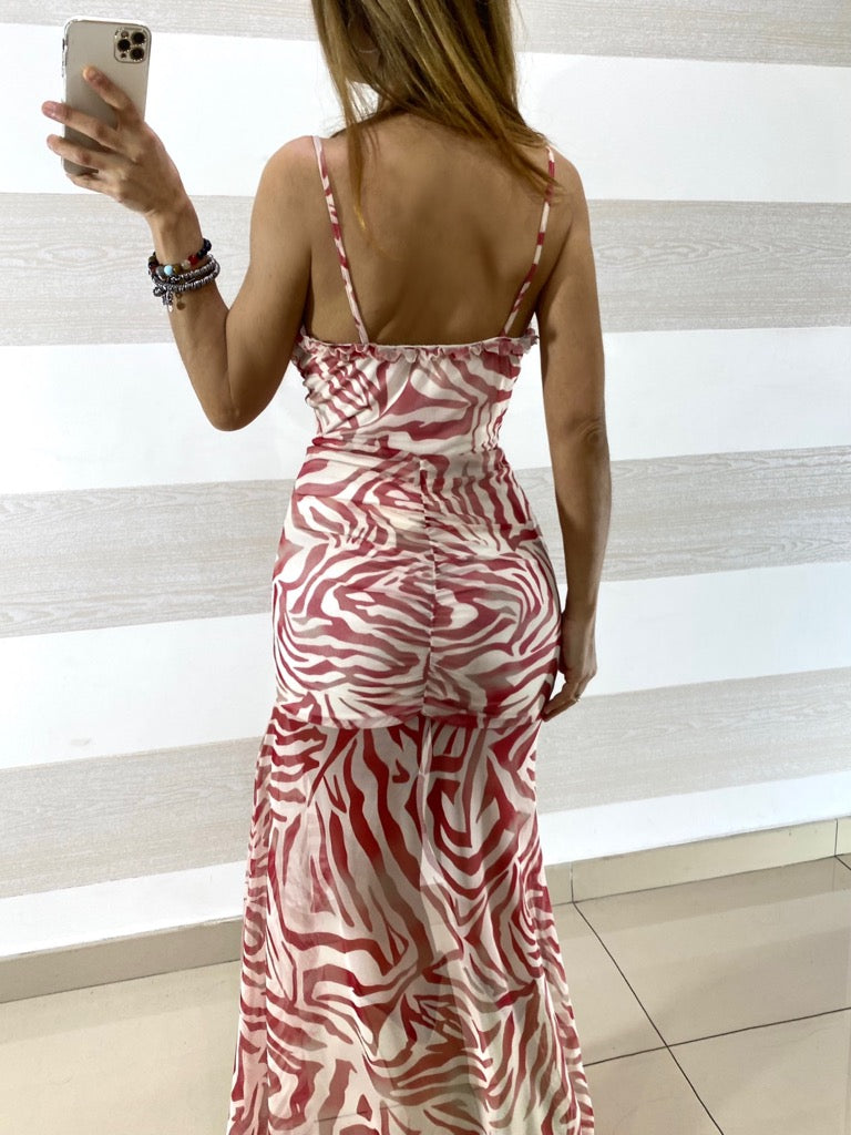 Vestito Lucilla in Tulle Zebrato con Spacco e Scollatura Profonda