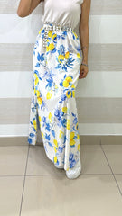 Vestito Lungo Bryanna1 Tessuto Elastico e Satin con Spacchi Fantasia Limoni