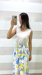 Vestito Lungo Bryanna1 Tessuto Elastico e Satin con Spacchi Fantasia Limoni