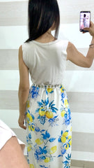 Vestito Lungo Bryanna1 Tessuto Elastico e Satin con Spacchi Fantasia Limoni