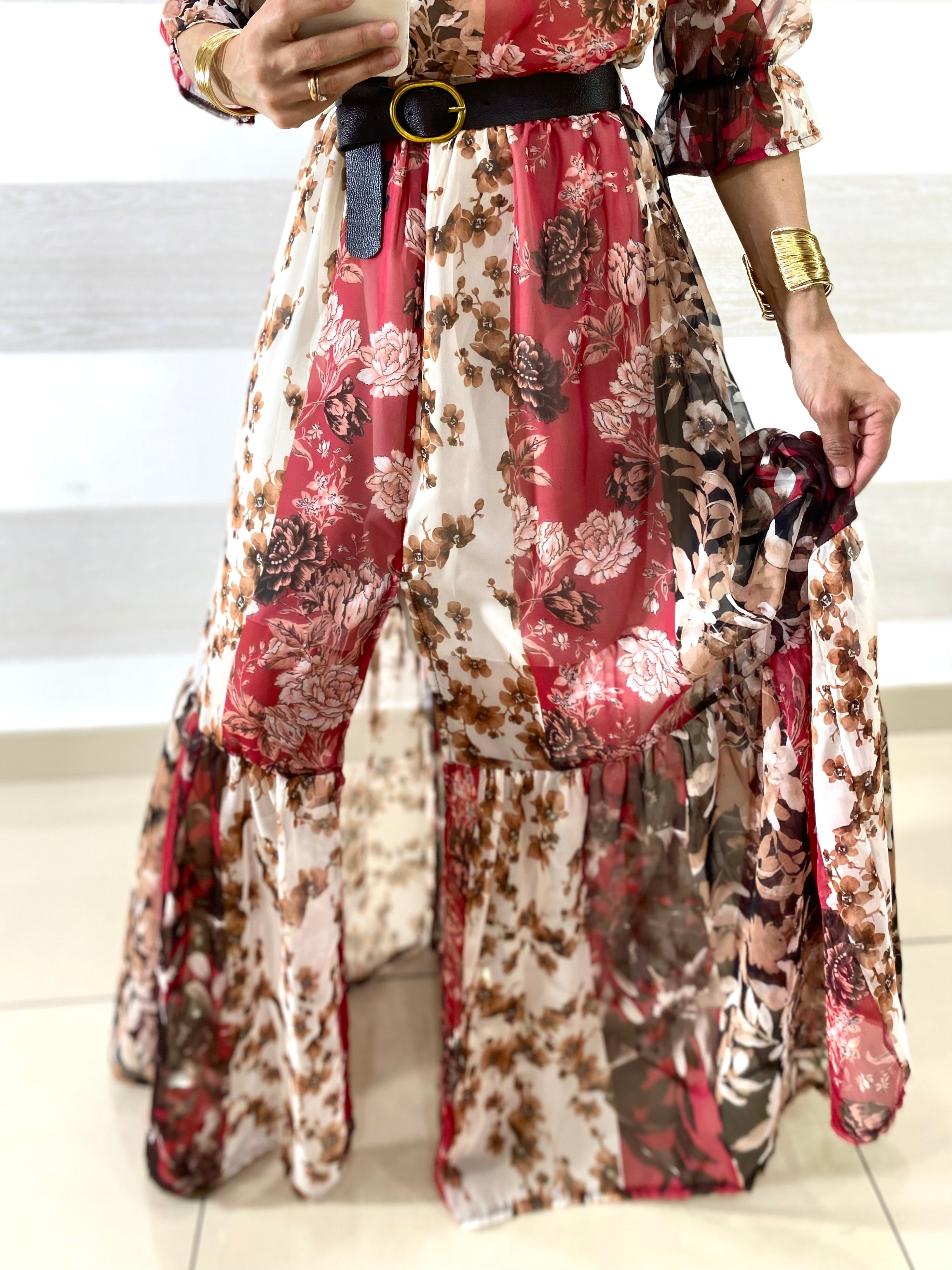 Vestito Mirka Tipo Chiffon Flowers con Spacco